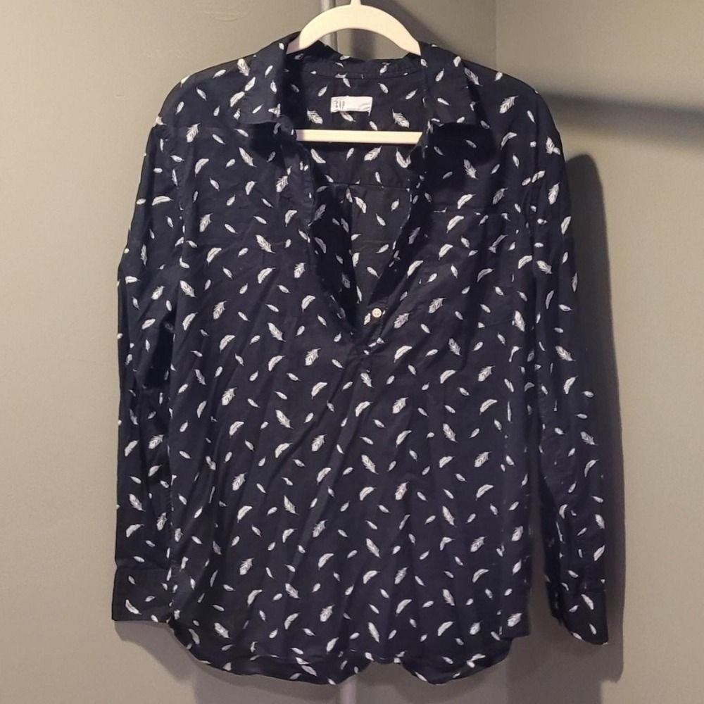 Gap Feather Print Button Up Long Sleeve Blouse Women's Size L Black White